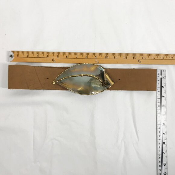 Vintage 80s Belt Artisan Hand crafted Brutalist Buckle tan leather - Picture 8 of 8